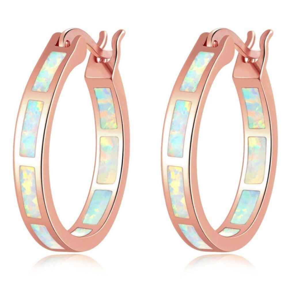 14K Rose Gold with Genuine White Fire Opal Round Latch Back Hoop Earrings